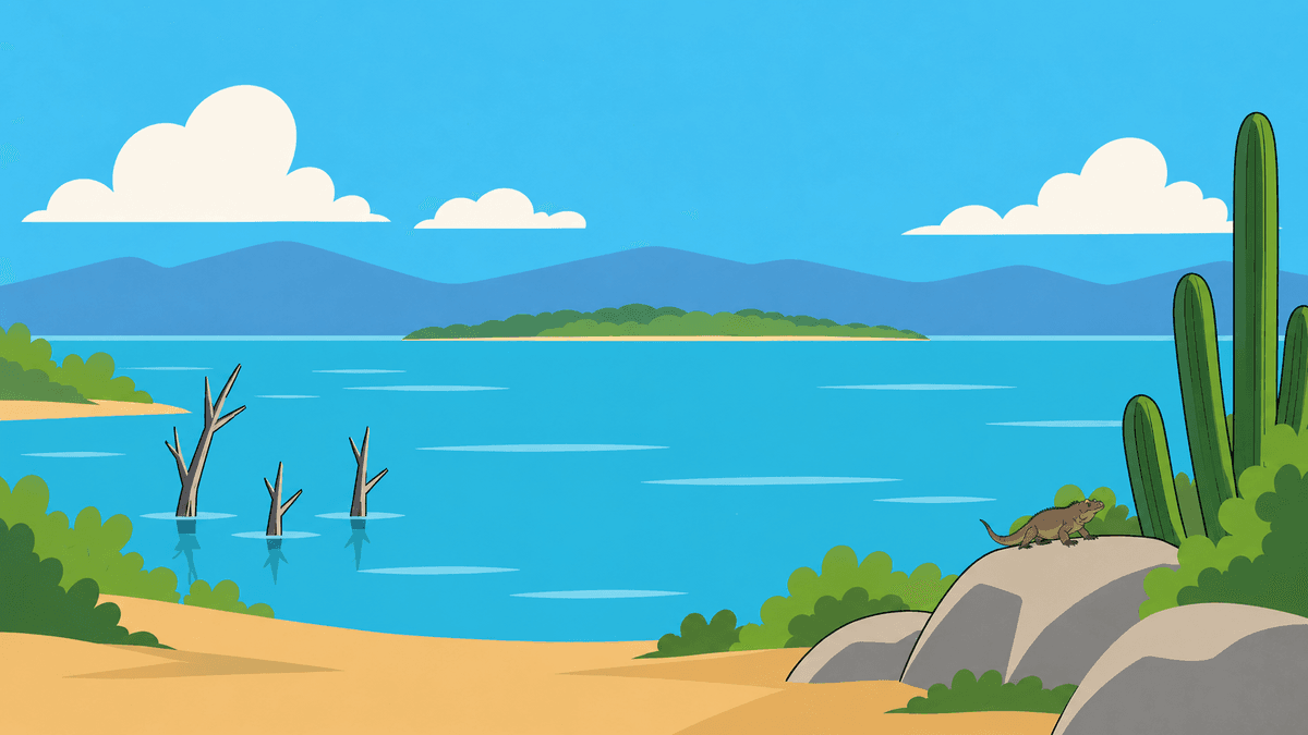Ilustración del Lago Enriquillo con una pequeña iguana rinoceronte sobre las rocas